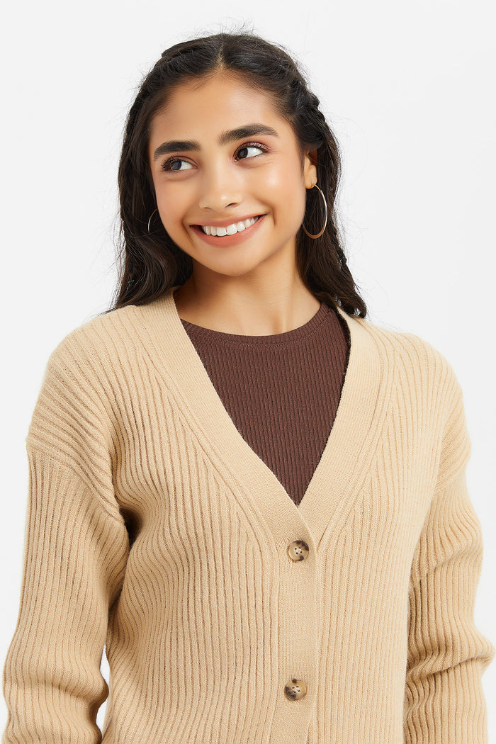 Redtag-Beige-Button-Front-Cardigan-Category:Cardigans,-Colour:Beige,-Deals:New-In,-Filter:Senior-Girls-(8-to-14-Yrs),-GSR-Cardigans,-H1:KWR,-H2:GSR,-H3:KNW,-H4:CGN,-KWRGSRKNWCGN,-New-In-GSR,-Non-Sale,-ProductType:Cardigans,-Season:W23B,-Section:Girls-(0-to-14Yrs),-W23B-Senior-Girls-9 to 14 Years