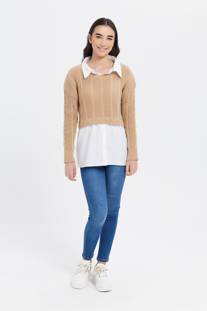 Redtag-Beige-Twofer-Tunic-Category:Pullovers,-Colour:Beige,-Deals:New-In,-Filter:Senior-Girls-(8-to-14-Yrs),-GSR-Pullovers,-H1:KWR,-H2:GSR,-H3:KNW,-H4:PUL,-KWRGSRKNWPUL,-New-In-GSR,-Non-Sale,-ProductType:Pullovers,-Season:W23B,-Section:Girls-(0-to-14Yrs),-W23B-Senior-Girls-9 to 14 Years