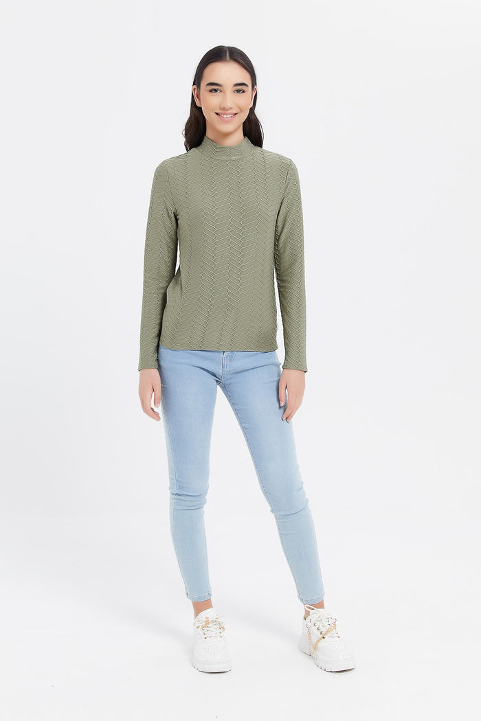 Redtag-Olive-Jacquard-Top-Category:Tops,-Colour:Green,-Deals:New-In,-Filter:Girls-(2-to-8-Yrs),-GSR-Tops,-H1:KWR,-H2:GSR,-H3:JYT,-H4:CJT,-KWRGSRJYTCJT,-New-In-GSR,-Non-Sale,-ProductType:Casual-Tops,-Season:W23B,-Section:Girls-(0-to-14Yrs),-W23B-Senior-Girls-9 to 14 Years