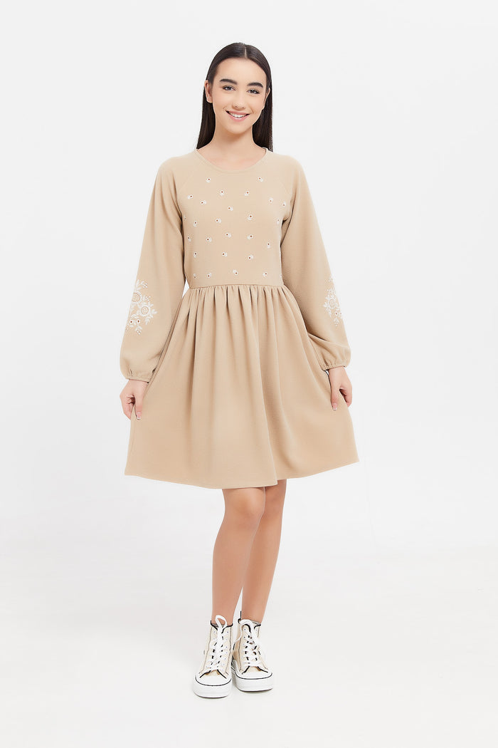 Redtag-Beige-L/S-Embroidered-Dress-Category:Dresses,-Colour:Beige,-Deals:New-In,-Filter:Senior-Girls-(8-to-14-Yrs),-GSR-Dresses,-H1:KWR,-H2:GSR,-H3:DRS,-H4:CAD,-KWRGSRDRSCAD,-New-In-GSR,-Non-Sale,-ProductType:Dresses,-Season:W23B,-Section:Girls-(0-to-14Yrs),-W23B-Senior-Girls-9 to 14 Years