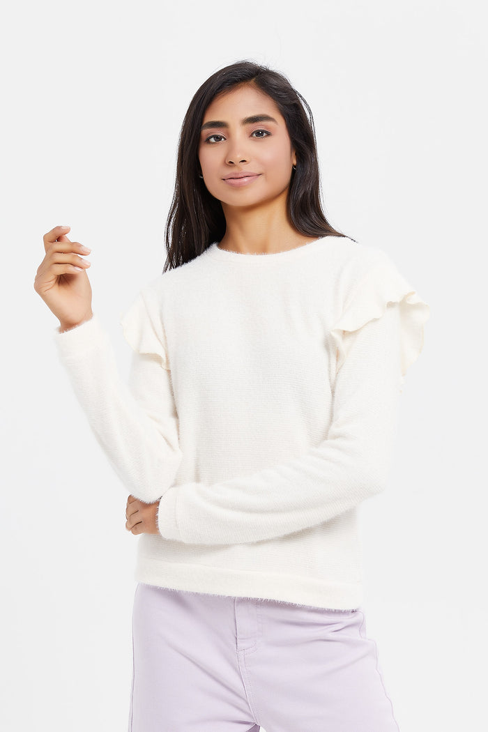 Redtag-White-Ruffled-Sleeve-Feather-Yarn-Pullover-Category:Pullovers,-Colour:White,-Deals:New-In,-Filter:Senior-Girls-(8-to-14-Yrs),-GSR-Pullovers,-H1:KWR,-H2:GSR,-H3:KNW,-H4:PUL,-KWRGSRKNWPUL,-New-In-GSR,-Non-Sale,-ProductType:Pullovers,-Season:W23B,-Section:Girls-(0-to-14Yrs),-W23B-Senior-Girls-9 to 14 Years