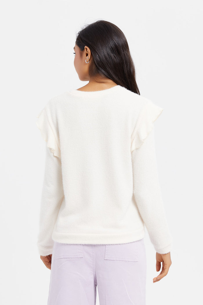 Redtag-White-Ruffled-Sleeve-Feather-Yarn-Pullover-Category:Pullovers,-Colour:White,-Deals:New-In,-Filter:Senior-Girls-(8-to-14-Yrs),-GSR-Pullovers,-H1:KWR,-H2:GSR,-H3:KNW,-H4:PUL,-KWRGSRKNWPUL,-New-In-GSR,-Non-Sale,-ProductType:Pullovers,-Season:W23B,-Section:Girls-(0-to-14Yrs),-W23B-Senior-Girls-9 to 14 Years