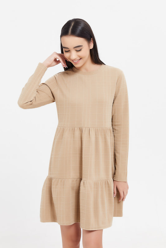 Redtag-Brown-Jacquard-Knitted-Layered-Dress-Category:Dresses,-Colour:Brown,-Deals:New-In,-Filter:Senior-Girls-(8-to-14-Yrs),-GSR-Dresses,-H1:KWR,-H2:GSR,-H3:DRS,-H4:CAD,-KWRGSRDRSCAD,-New-In-GSR,-Non-Sale,-ProductType:Dresses,-Season:W23B,-Section:Girls-(0-to-14Yrs),-W23B-Senior-Girls-9 to 14 Years
