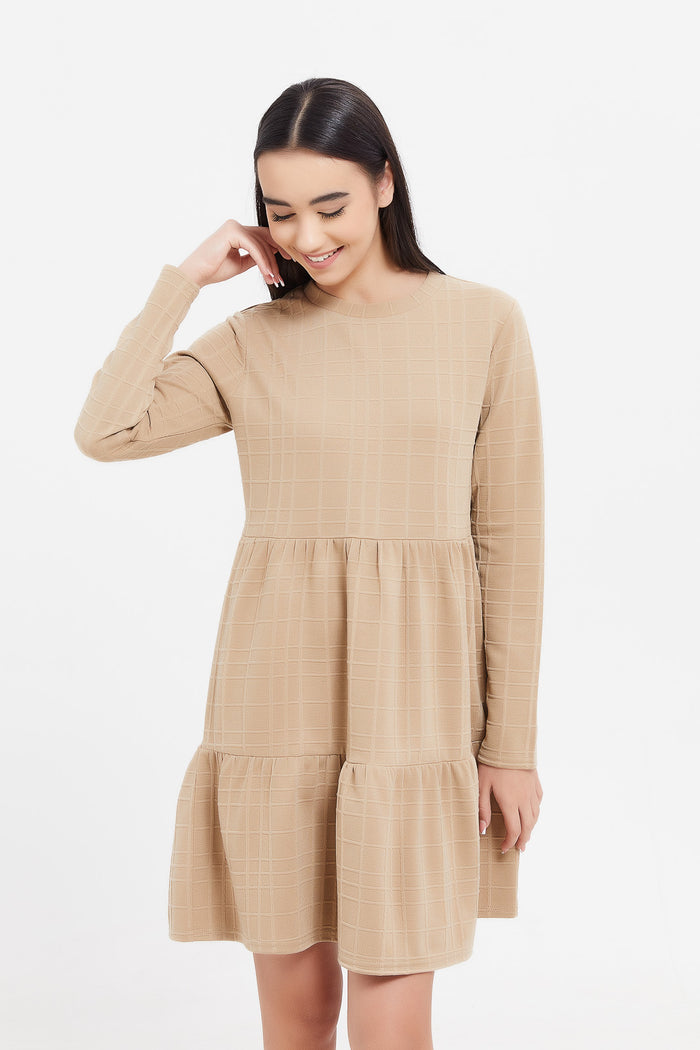 Redtag-Brown-Jacquard-Knitted-Layered-Dress-Category:Dresses,-Colour:Brown,-Deals:New-In,-Filter:Senior-Girls-(8-to-14-Yrs),-GSR-Dresses,-H1:KWR,-H2:GSR,-H3:DRS,-H4:CAD,-KWRGSRDRSCAD,-New-In-GSR,-Non-Sale,-ProductType:Dresses,-Season:W23B,-Section:Girls-(0-to-14Yrs),-W23B-Senior-Girls-9 to 14 Years