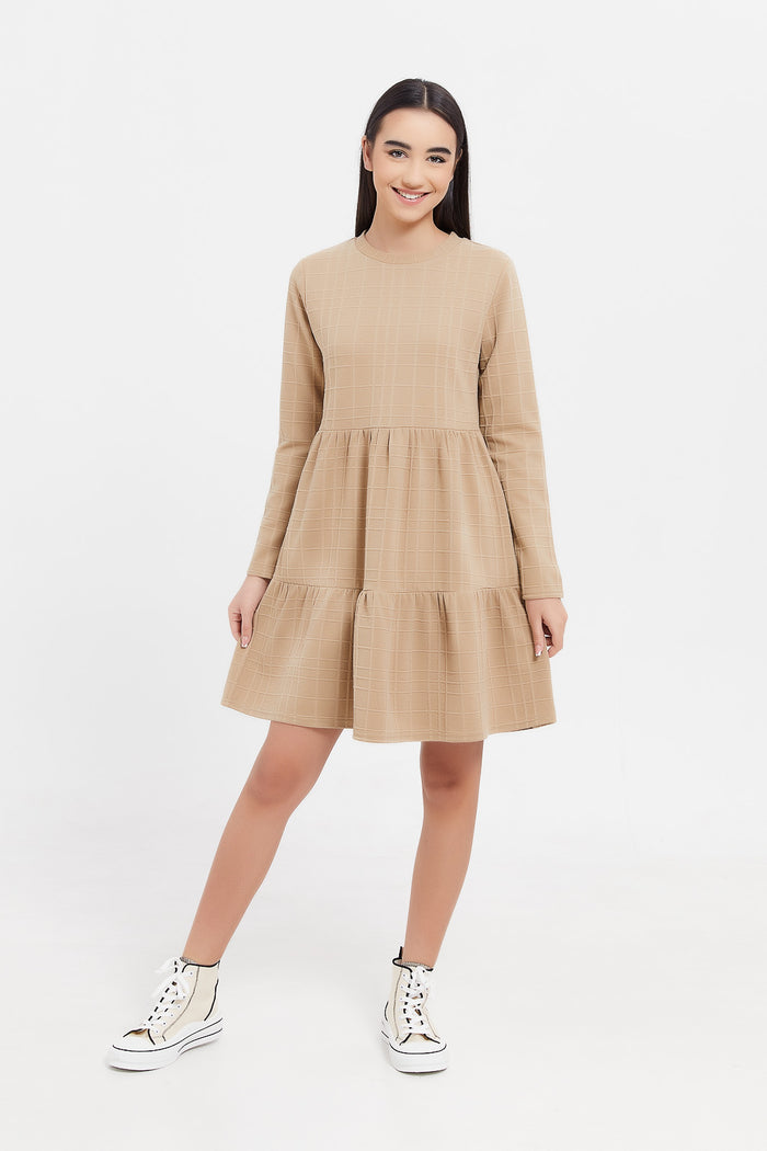 Redtag-Brown-Jacquard-Knitted-Layered-Dress-Category:Dresses,-Colour:Brown,-Deals:New-In,-Filter:Senior-Girls-(8-to-14-Yrs),-GSR-Dresses,-H1:KWR,-H2:GSR,-H3:DRS,-H4:CAD,-KWRGSRDRSCAD,-New-In-GSR,-Non-Sale,-ProductType:Dresses,-Season:W23B,-Section:Girls-(0-to-14Yrs),-W23B-Senior-Girls-9 to 14 Years