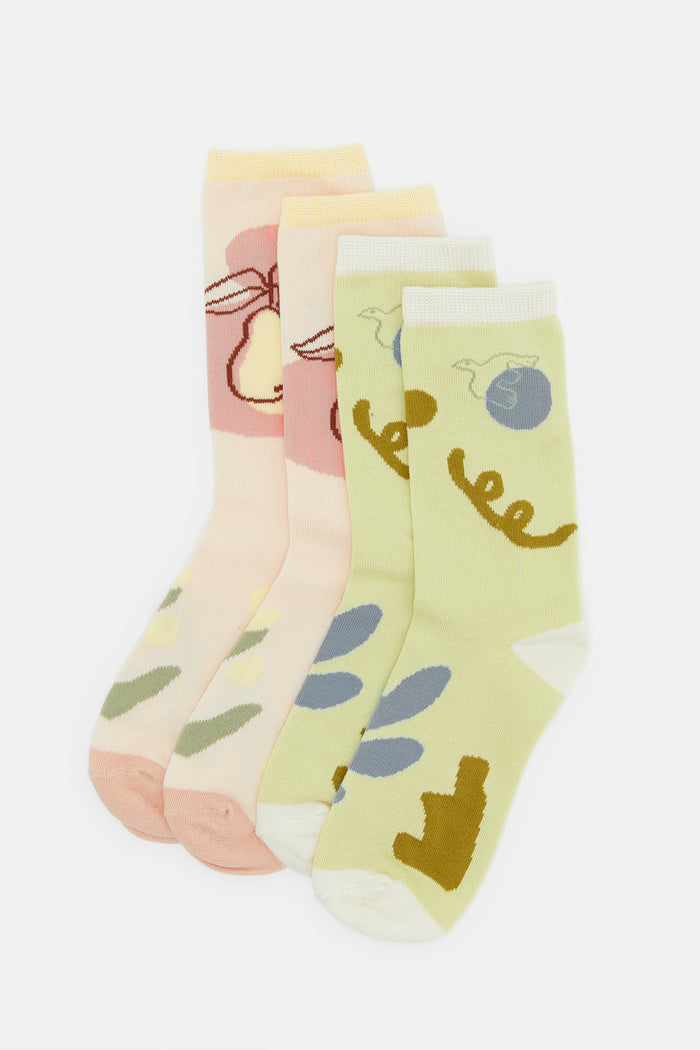 Redtag-2Pcs-Pink/Sage-Floral-Knee-High-Sock-365,-Category:Socks,-Colour:Assorted,-Deals:New-In,-Filter:Senior-Girls-(8-to-14-Yrs),-GSR-Socks,-H1:KWR,-H2:GSR,-H3:HOS,-H4:SKS,-KWRGSRHOSSKS,-New-In-GSR,-Non-Sale,-ProductType:Full-Length-Socks,-Season:365365,-Section:Girls-(0-to-14Yrs)-Senior-Girls-9 to 14 Years