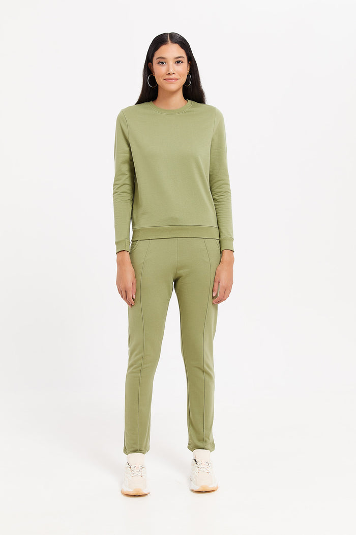 Redtag-Olive--Basic-Crewneck-Sweatshirt-Category:Sweatshirts,-Colour:Dark-Green,-Deals:New-In,-Filter:Women's-Clothing,-H1:LWR,-H2:LAD,-H3:SPW,-H4:ASS,-LWRLADSPWASS,-New-In-Women,-Non-Sale,-ProductType:Active-Sweatshirts,-Season:W23B,-Section:Women,-W23B,-Women-Sweatshirts-Women's-