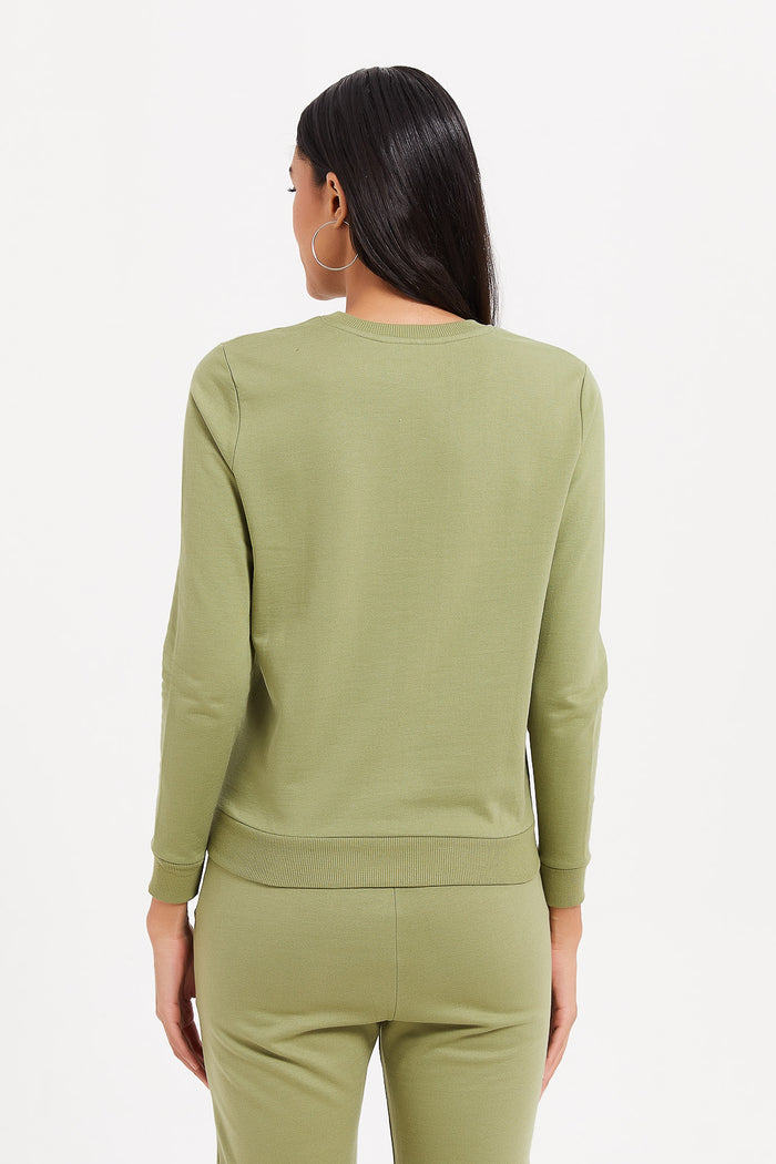 Redtag-Olive--Basic-Crewneck-Sweatshirt-Category:Sweatshirts,-Colour:Dark-Green,-Deals:New-In,-Filter:Women's-Clothing,-H1:LWR,-H2:LAD,-H3:SPW,-H4:ASS,-LWRLADSPWASS,-New-In-Women,-Non-Sale,-ProductType:Active-Sweatshirts,-Season:W23B,-Section:Women,-W23B,-Women-Sweatshirts-Women's-