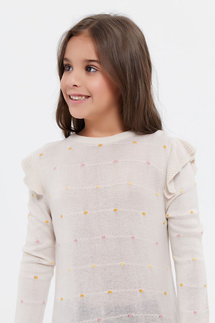 Redtag-Beige-Polka-Jaq-Pullover-Category:Pullovers,-Colour:Beige,-Deals:New-In,-Filter:Girls-(2-to-8-Yrs),-GIR-Pullovers,-H1:KWR,-H2:GIR,-H3:KNW,-H4:PUL,-KWRGIRKNWPUL,-New-In-GIR,-Non-Sale,-ProductType:Pullovers,-Season:W23A,-Section:Girls-(0-to-14Yrs),-W23A-Girls-2 to 8 Years