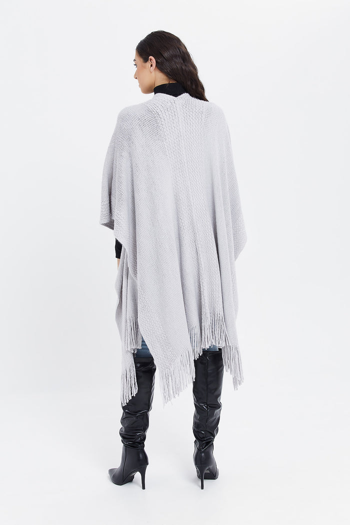 Redtag-Grey-Lurex-Cable-Knit-Ponho-With-Fringes-Category:Cardigans,-Colour:Pale-Grey,-Deals:New-In,-EHW,-Filter:Women's-Clothing,-H1:LWR,-H2:LAD,-H3:KNW,-H4:CGN,-LWRLADKNWCGN,-New-In-Women,-Non-Sale,-ProductType:Ponchos,-Season:W23B,-Section:Women,-W23B,-Women-Cardigans-Women's-