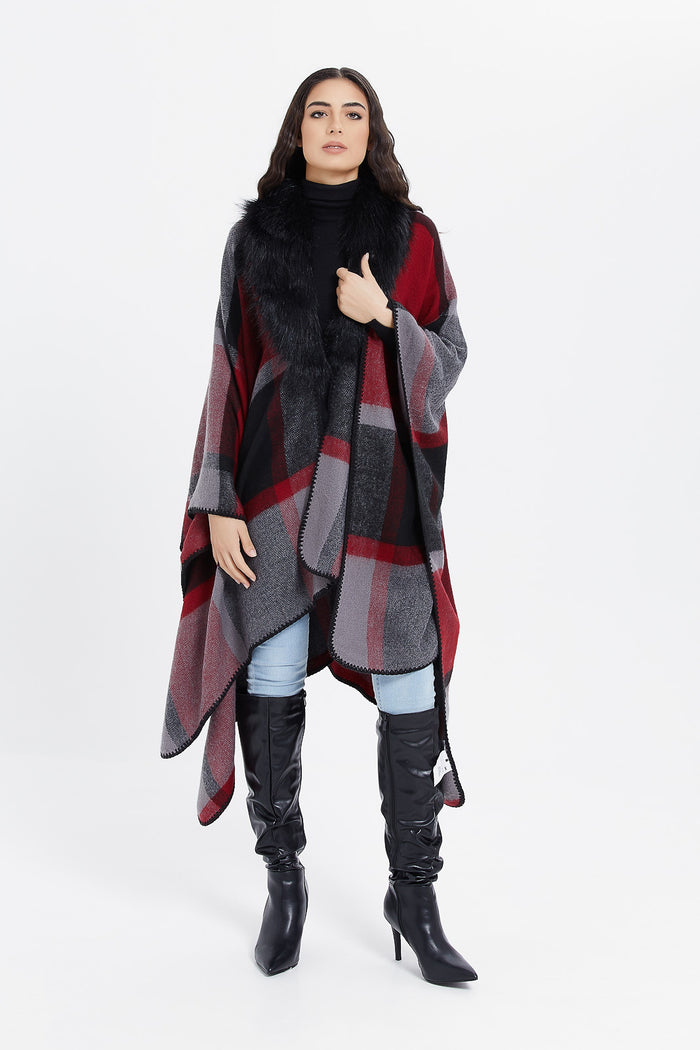 Redtag-Checked-Poncho-With-Fur-Trim-Category:Cardigans,-Colour:Assorted,-Deals:New-In,-EHW,-Filter:Women's-Clothing,-H1:LWR,-H2:LAD,-H3:KNW,-H4:CGN,-LWRLADKNWCGN,-New-In-Women,-Non-Sale,-ProductType:Ponchos,-Season:W23B,-Section:Women,-W23B,-Women-Cardigans-Women's-