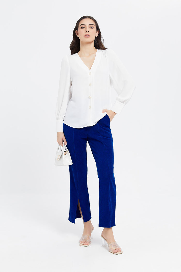 Redtag-Blue-Corduroy-Trouser-With-Front-Slit-Category:Trousers,-Colour:Blue,-Deals:New-In,-Filter:Women's-Clothing,-H1:LWR,-H2:LAD,-H3:TRS,-H4:CTR,-LWRLADTRSCTR,-New-In-Women,-Non-Sale,-ProductType:Trousers,-Season:W23B,-Section:Women,-W23B,-Women-Trousers-Women's-