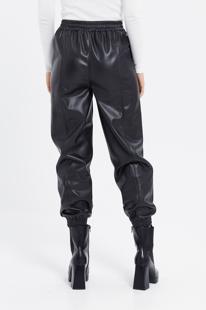 Redtag-Black-Pu--Elasticated-Waist-Jogger-Category:Trousers,-Colour:Black,-Deals:New-In,-Filter:Women's-Clothing,-H1:LWR,-H2:LAD,-H3:TRS,-H4:CTR,-LWRLADTRSCTR,-New-In-Women,-Non-Sale,-ProductType:Pants-Jogger-Fit,-Season:W23B,-Section:Women,-W23B,-Women-Trousers-Women's-