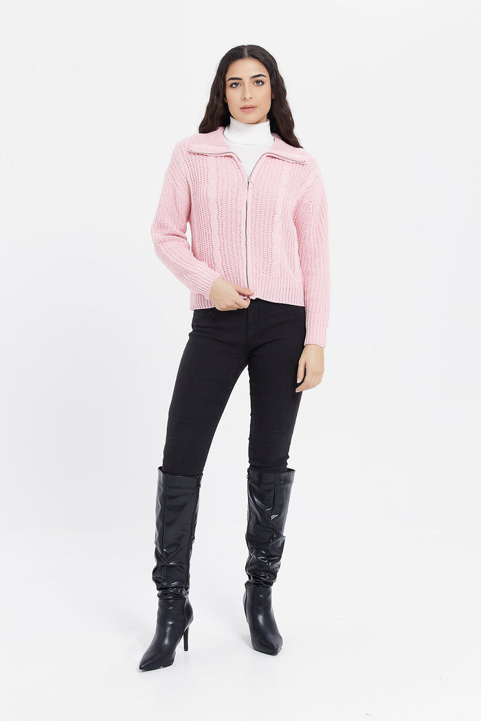 Redtag-Pink-Cable-Zip-Up-Cardigan-Category:Cardigans,-Colour:Pale-Pink,-Deals:New-In,-Filter:Women's-Clothing,-H1:LWR,-H2:LAD,-H3:KNW,-H4:CGN,-LWRLADKNWCGN,-New-In-Women,-Non-Sale,-ProductType:Cardigans,-Season:W23B,-Section:Women,-W23B,-Women-Cardigans-Women's-