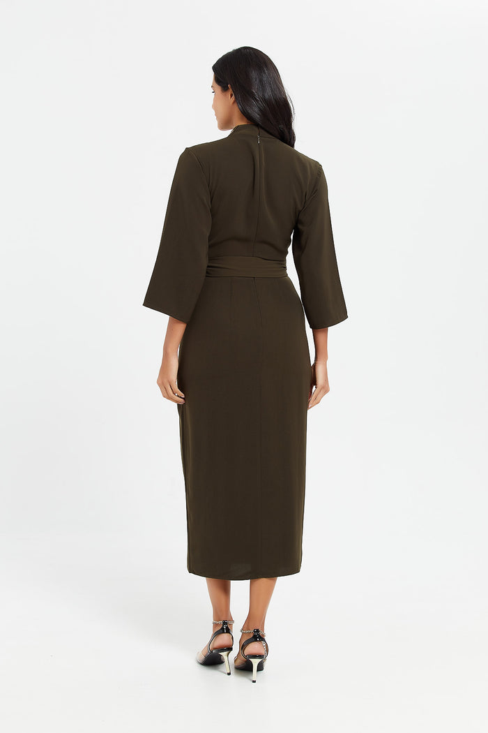 Redtag-Khaki-High-Neck-Button-Detailed-Belted-Dress-Category:Dresses,-Colour:Dark-Green,-Deals:New-In,-Filter:Women's-Clothing,-H1:LWR,-H2:LAD,-H3:DRS,-H4:CAD,-LWRLADDRSCAD,-Maxi-Dress,-New-In-Women,-Non-Sale,-ProductType:Dresses,-Season:W23B,-Section:Women,-W23B,-Women-Dresses-Women's-