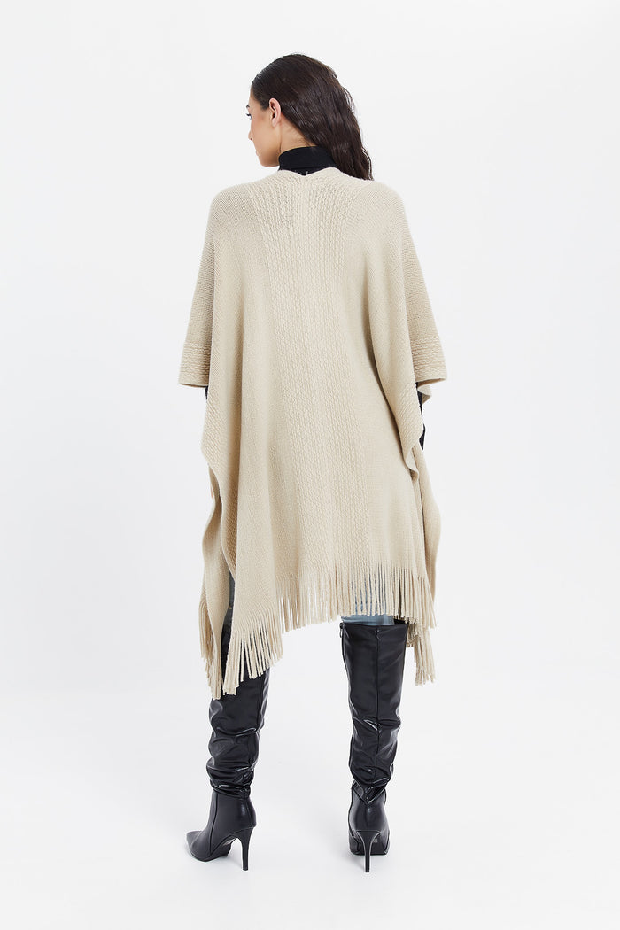 Redtag-Ivory-Lurex-Cable-Knit-Ponho-With-Fringes-Category:Cardigans,-Colour:Ivory,-Deals:New-In,-Filter:Women's-Clothing,-H1:LWR,-H2:LAD,-H3:KNW,-H4:CGN,-LWRLADKNWCGN,-New-In-Women,-Non-Sale,-ProductType:Ponchos,-Season:W23B,-Section:Women,-W23B,-Women-Cardigans-Women's-