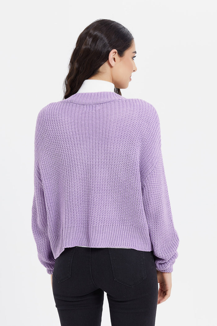 Redtag-Lilac-Cable-Knit-Cropped-Cardigan-Category:Cardigans,-Colour:Lilac,-Deals:New-In,-EHW,-Filter:Women's-Clothing,-H1:LWR,-H2:LAD,-H3:KNW,-H4:CGN,-LWRLADKNWCGN,-New-In-Women,-Non-Sale,-ProductType:Cardigans,-Season:W23B,-Section:Women,-W23B,-Women-Cardigans-Women's-