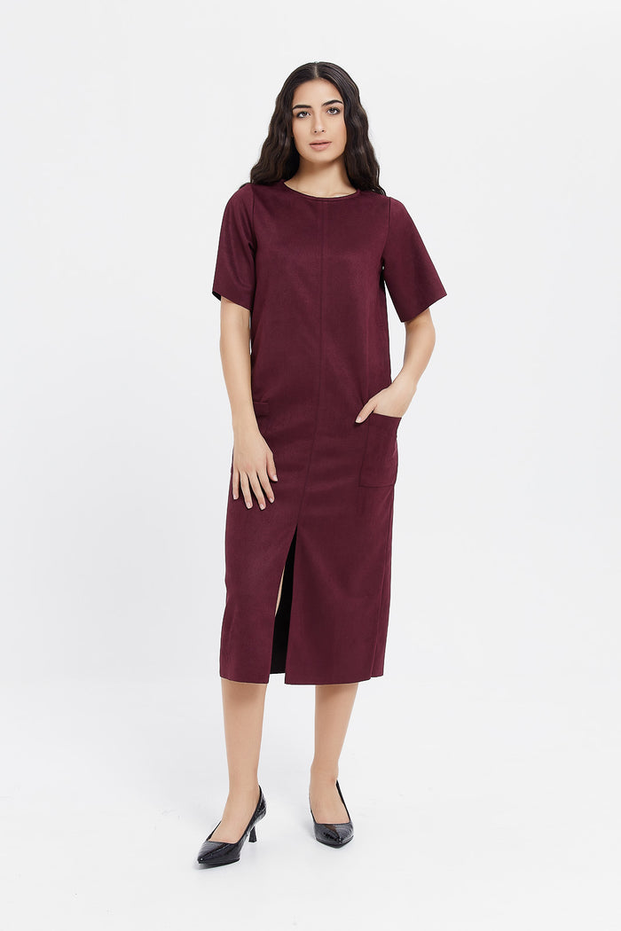 Redtag-Wine-Suede-Column-Dress-Category:Dresses,-Colour:Burgundy,-Deals:New-In,-Filter:Women's-Clothing,-H1:LWR,-H2:LAD,-H3:DRS,-H4:CAD,-LWRLADDRSCAD,-Maxi-Dress,-New-In-Women,-Non-Sale,-ProductType:Dresses,-Season:W23B,-Section:Women,-W23B,-Women-Dresses-Women's-