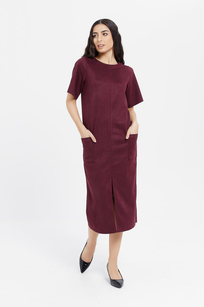 Redtag-Wine-Suede-Column-Dress-Category:Dresses,-Colour:Burgundy,-Deals:New-In,-Filter:Women's-Clothing,-H1:LWR,-H2:LAD,-H3:DRS,-H4:CAD,-LWRLADDRSCAD,-Maxi-Dress,-New-In-Women,-Non-Sale,-ProductType:Dresses,-Season:W23B,-Section:Women,-W23B,-Women-Dresses-Women's-