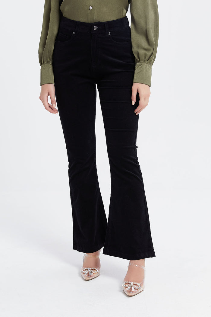 Redtag-Black-Fit-Flare-Corduroy-Trouser-Category:Trousers,-Colour:Black,-Deals:New-In,-Filter:Women's-Clothing,-H1:LWR,-H2:LAD,-H3:TRS,-H4:CTR,-LWRLADTRSCTR,-New-In-Women,-Non-Sale,-ProductType:Trousers,-Season:W23A,-Section:Women,-W23A,-Women-Trousers-Women's-