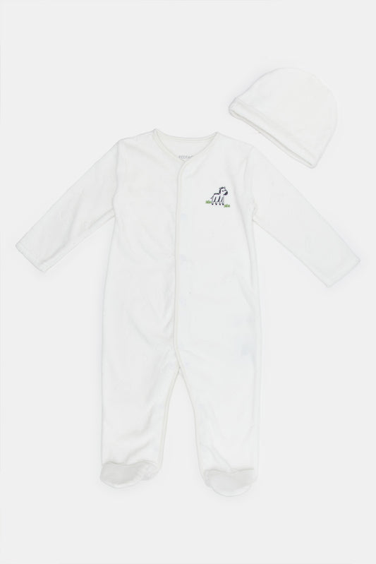 Redtag-Whte-Velour-Sleepsuit-And-Hat-Set-Category:Sleepsuits,-Colour:White,-Deals:New-In,-Filter:Baby-(0-to-12-Mths),-H1:KWR,-H2:NBF,-H3:NWR,-H4:SST,-KWRNBFNWRSST,-NBB-Sleepsuits,-New-In-NBB,-Non-Sale,-ProductType:Sleepsuits,-Season:W23A,-Section:Boys-(0-to-14Yrs),-W23A-Baby-0 to 12 Months