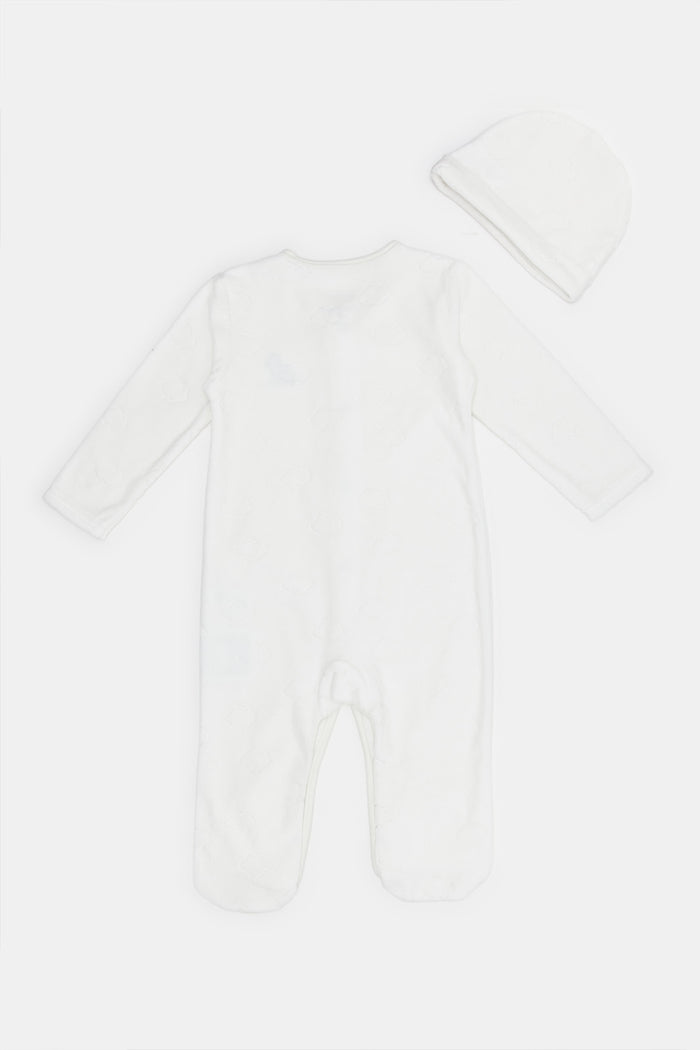 Redtag-Whte-Velour-Sleepsuit-And-Hat-Set-Category:Sleepsuits,-Colour:White,-Deals:New-In,-Filter:Baby-(0-to-12-Mths),-H1:KWR,-H2:NBF,-H3:NWR,-H4:SST,-KWRNBFNWRSST,-NBB-Sleepsuits,-New-In-NBB,-Non-Sale,-ProductType:Sleepsuits,-Season:W23A,-Section:Boys-(0-to-14Yrs),-W23A-Baby-0 to 12 Months