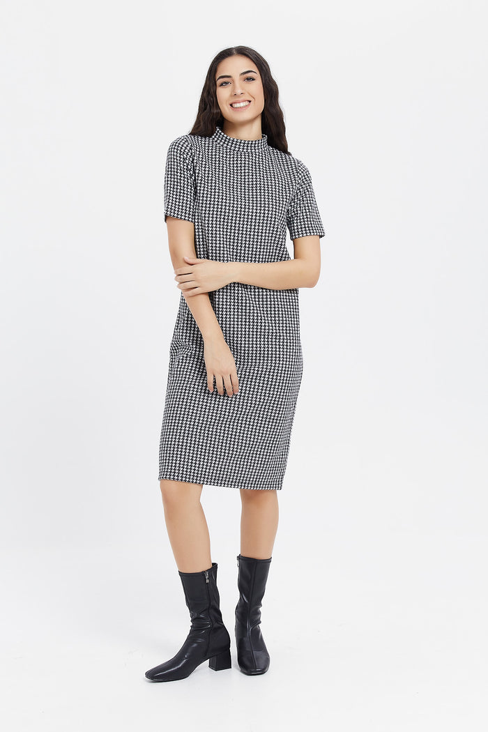 Redtag-High-Neck-Houndstooth-Dress-Category:Dresses,-Colour:Assorted,-Deals:New-In,-Filter:Women's-Clothing,-H1:LWR,-H2:LAD,-H3:DRS,-H4:CAD,-LWRLADDRSCAD,-Midi-Dress,-New-In-Women,-Non-Sale,-ProductType:Dresses,-Season:W23B,-Section:Women,-W23B,-Women-Dresses-Women's-