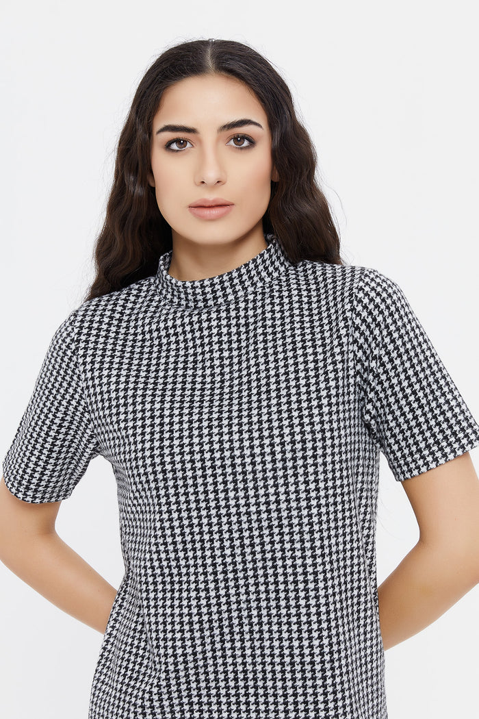 Redtag-High-Neck-Houndstooth-Dress-Category:Dresses,-Colour:Assorted,-Deals:New-In,-Filter:Women's-Clothing,-H1:LWR,-H2:LAD,-H3:DRS,-H4:CAD,-LWRLADDRSCAD,-Midi-Dress,-New-In-Women,-Non-Sale,-ProductType:Dresses,-Season:W23B,-Section:Women,-W23B,-Women-Dresses-Women's-