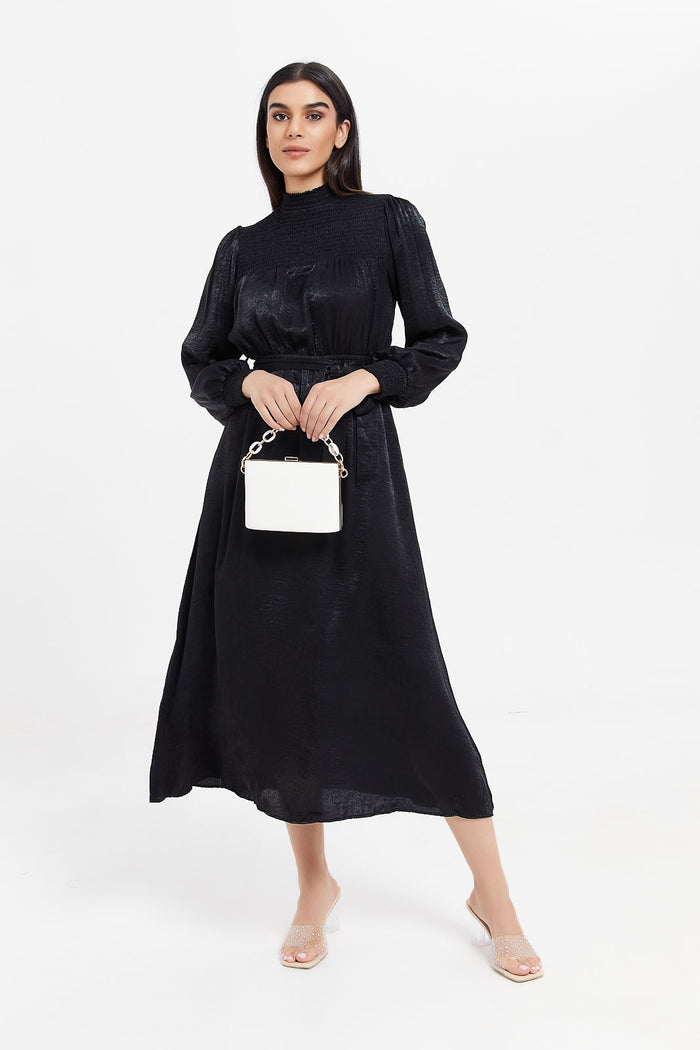 Redtag-Black-Smoking-Detailed-Belted-Maxi-Dress-Category:Dresses,-Colour:Black,-Deals:New-In,-Filter:Women's-Clothing,-H1:LWR,-H2:LAD,-H3:DRS,-H4:CAD,-LWRLADDRSCAD,-Maxi-Dress,-New-In-Women,-Non-Sale,-ProductType:Dresses,-Season:W23A,-Section:Women,-W23A,-Women-Dresses-Women's-