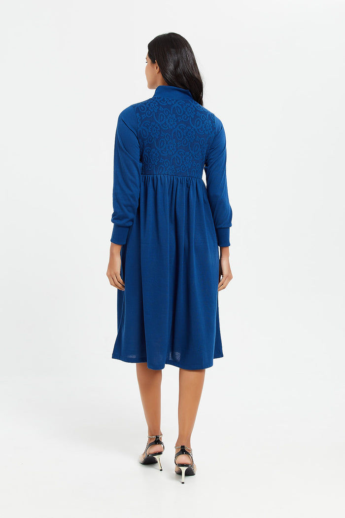 Redtag-High-Neck-Jacquard-Yoke-Maxi-Dress-Category:Dresses,-Colour:Navy,-Deals:New-In,-Filter:Women's-Clothing,-H1:LWR,-H2:LAD,-H3:DRS,-H4:CAD,-LWRLADDRSCAD,-Midi-Dress,-New-In-Women,-Non-Sale,-ProductType:Dresses,-Season:W23B,-Section:Women,-W23B,-Women-Dresses-Women's-