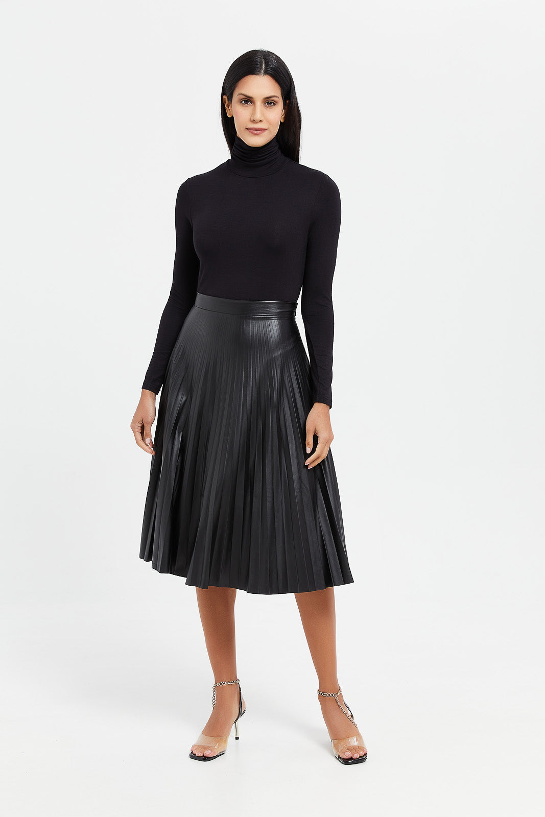 Black faux leather outlet pu pleated midi skirt