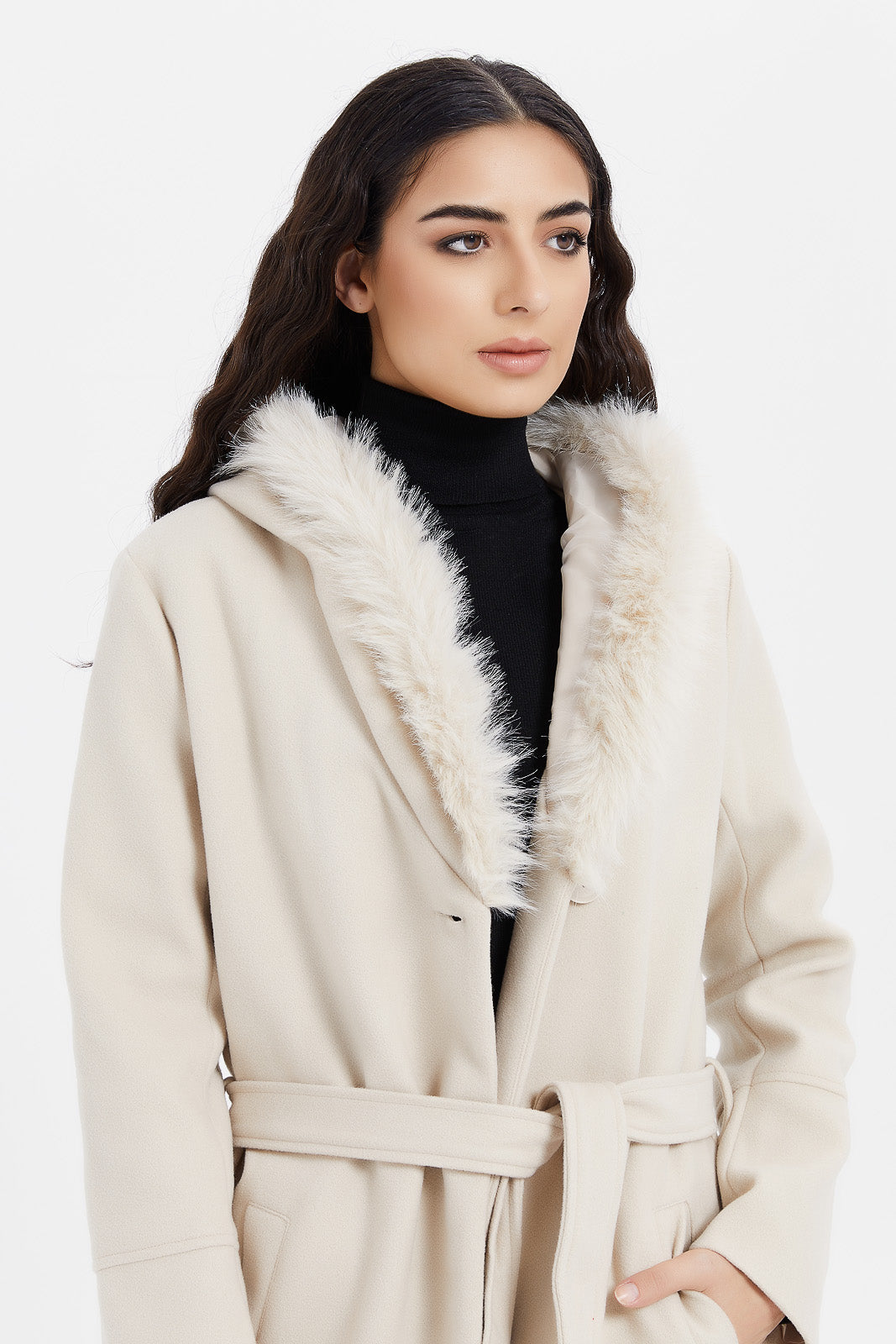 Buy Women Ecru Faux Fur Belted Coat 126942116 in Saudi Arabia | REDTAG
