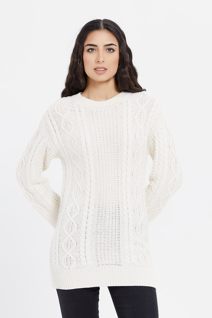 Redtag-Cream-Long-Line-Cable-Knit-Pullover-Category:Pullovers,-Colour:Cream,-Deals:New-In,-EHW,-Filter:Women's-Clothing,-H1:LWR,-H2:LAD,-H3:KNW,-H4:PUL,-LWRLADKNWPUL,-New-In-Women,-Non-Sale,-ProductType:Pullovers,-Season:W23B,-Section:Women,-W23B,-winter,-Women-Pullovers-Women's-