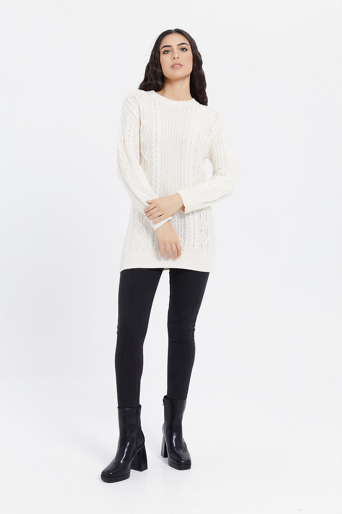 Redtag-Cream-Long-Line-Cable-Knit-Pullover-Category:Pullovers,-Colour:Cream,-Deals:New-In,-EHW,-Filter:Women's-Clothing,-H1:LWR,-H2:LAD,-H3:KNW,-H4:PUL,-LWRLADKNWPUL,-New-In-Women,-Non-Sale,-ProductType:Pullovers,-Season:W23B,-Section:Women,-W23B,-winter,-Women-Pullovers-Women's-