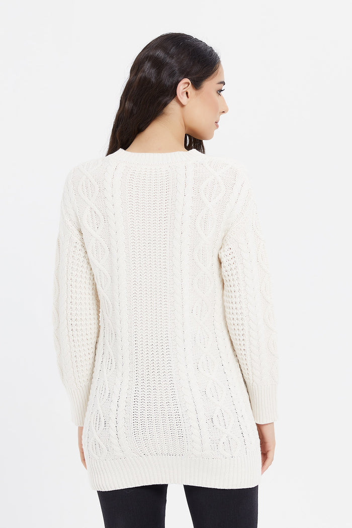 Redtag-Cream-Long-Line-Cable-Knit-Pullover-Category:Pullovers,-Colour:Cream,-Deals:New-In,-EHW,-Filter:Women's-Clothing,-H1:LWR,-H2:LAD,-H3:KNW,-H4:PUL,-LWRLADKNWPUL,-New-In-Women,-Non-Sale,-ProductType:Pullovers,-Season:W23B,-Section:Women,-W23B,-winter,-Women-Pullovers-Women's-