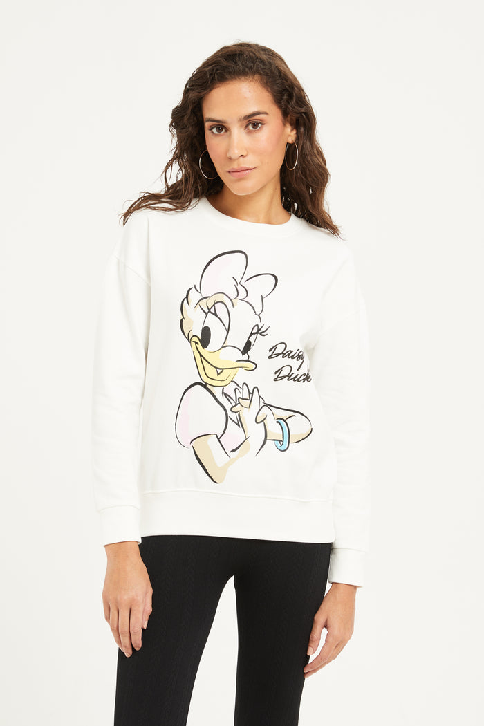 Redtag-Cream-Daisy-Duck-Printed-Sweatshirt-Category:Sweatshirts,-CHR,-CHR:Daisy-Duck,-Colour:Cream,-Deals:New-In,-Filter:Women's-Clothing,-H1:LWR,-H2:LAD,-H3:SWS,-H4:SWS,-LWRLADSWSSWS,-New-In-Women,-Non-Sale,-ProductType:Sweatshirts,-Season:W23B,-Section:Women,-TBL,-W23B,-Women-Sweatshirts-Women's-