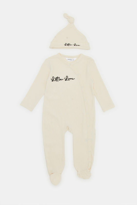 Redtag-Ecru-Ribbed-Sleepsuit-With-Hat-Category:Sleepsuits,-Colour:Ecru,-Deals:New-In,-Filter:Baby-(0-to-12-Mths),-H1:KWR,-H2:NBF,-H3:NWR,-H4:SST,-KWRNBFNWRSST,-NBB-Sleepsuits,-New-In-NBB,-Non-Sale,-ProductType:Sleepsuits,-Season:W23A,-Section:Boys-(0-to-14Yrs),-W23A-Baby-0 to 12 Months
