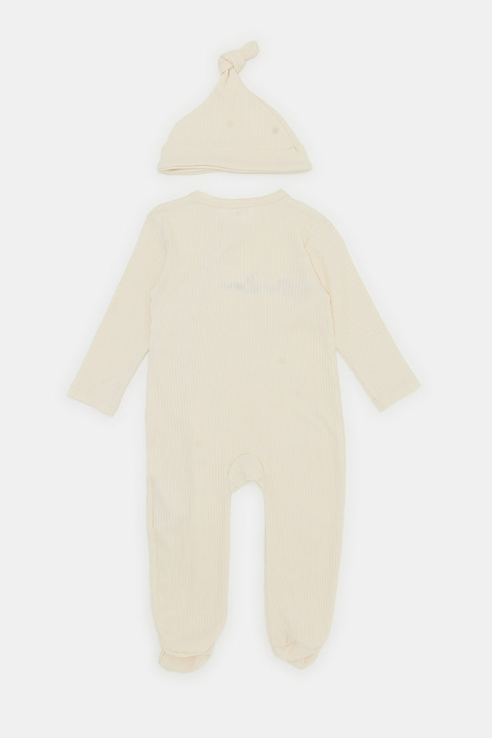 Redtag-Ecru-Ribbed-Sleepsuit-With-Hat-Category:Sleepsuits,-Colour:Ecru,-Deals:New-In,-Filter:Baby-(0-to-12-Mths),-H1:KWR,-H2:NBF,-H3:NWR,-H4:SST,-KWRNBFNWRSST,-NBB-Sleepsuits,-New-In-NBB,-Non-Sale,-ProductType:Sleepsuits,-Season:W23A,-Section:Boys-(0-to-14Yrs),-W23A-Baby-0 to 12 Months