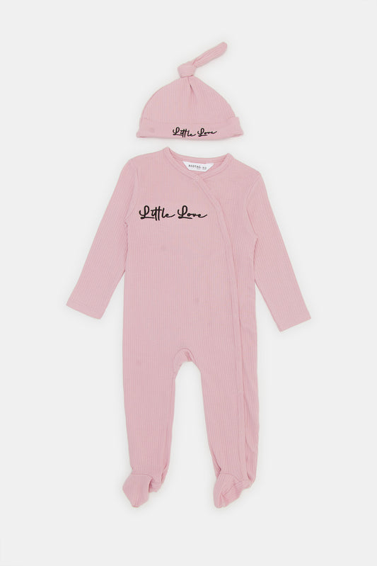 Redtag-Dusty-Pink-Ribbed-Sleepsuit-With-Hat-Category:Sleepsuits,-Colour:Pale-Pink,-Deals:New-In,-Filter:Baby-(0-to-12-Mths),-H1:KWR,-H2:NBF,-H3:NWR,-H4:SST,-KWRNBFNWRSST,-NBB-Sleepsuits,-New-In-NBB,-Non-Sale,-ProductType:Sleepsuits,-Season:W23A,-Section:Boys-(0-to-14Yrs),-W23A-Baby-0 to 12 Months