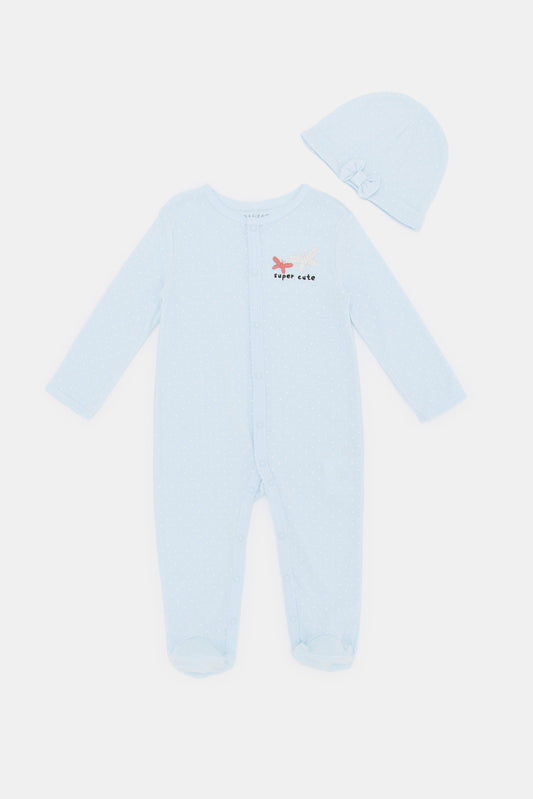 Redtag-Blue-Placement-Embroidery-Sleepsuit-With-Hat-Set-Category:Sleepsuits,-Colour:Blue,-Deals:New-In,-Filter:Baby-(0-to-12-Mths),-H1:KWR,-H2:NBF,-H3:NWR,-H4:SST,-KWRNBFNWRSST,-NBB-Sleepsuits,-New-In-NBB,-Non-Sale,-ProductType:Sleepsuits,-Season:W23A,-Section:Boys-(0-to-14Yrs),-W23A-Baby-0 to 12 Months
