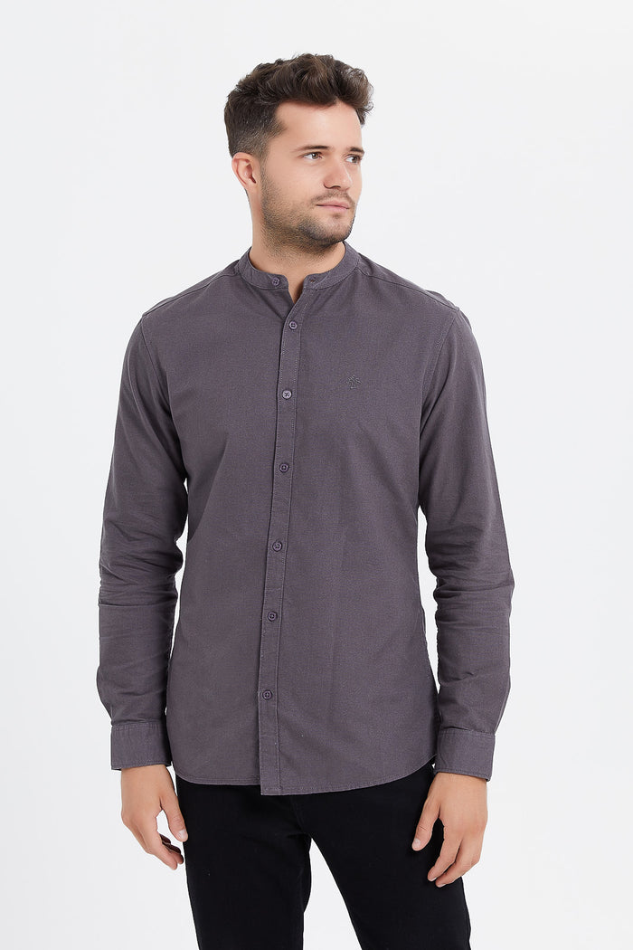 Redtag-Grey-Mandarin-Collar-Oxford-Shirt-With-Chest-Logo-Category:Shirts,-Colour:Dark-Grey,-Deals:New-In,-Filter:Men's-Clothing,-H1:MWR,-H2:GEN,-H3:SHI,-H4:CSH,-Men-Shirts,-MWRGENSHICSH,-New-In-Men,-Non-Sale,-ProductType:Casual-Shirts,-Season:W23A,-Section:Men,-TBL,-W23A-Men's-