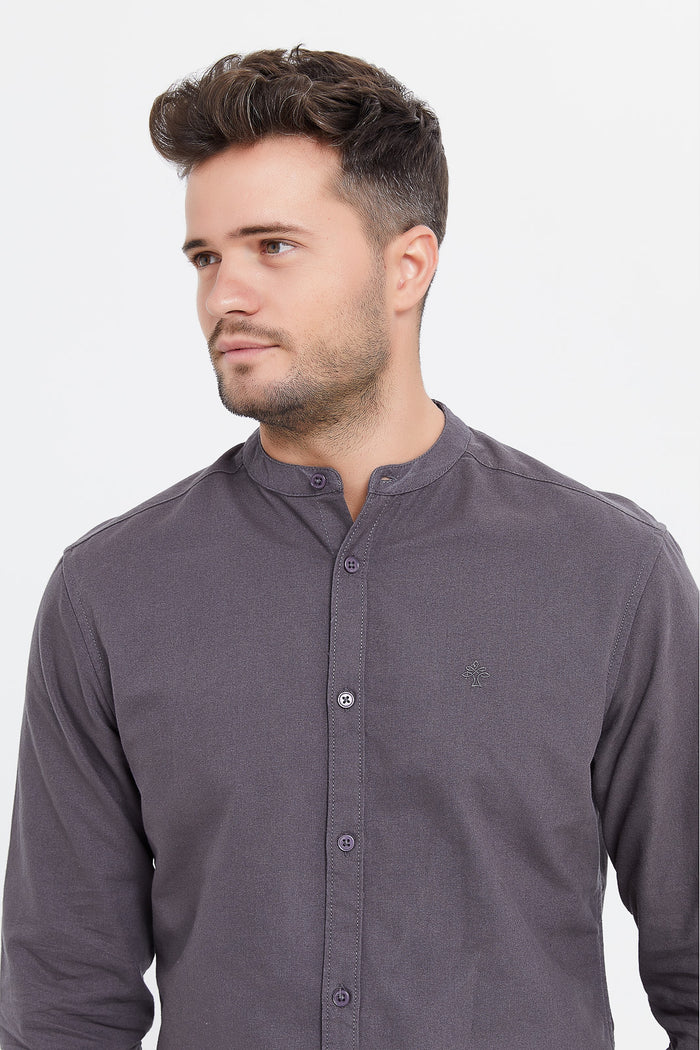 Redtag-Grey-Mandarin-Collar-Oxford-Shirt-With-Chest-Logo-Category:Shirts,-Colour:Dark-Grey,-Deals:New-In,-Filter:Men's-Clothing,-H1:MWR,-H2:GEN,-H3:SHI,-H4:CSH,-Men-Shirts,-MWRGENSHICSH,-New-In-Men,-Non-Sale,-ProductType:Casual-Shirts,-Season:W23A,-Section:Men,-TBL,-W23A-Men's-