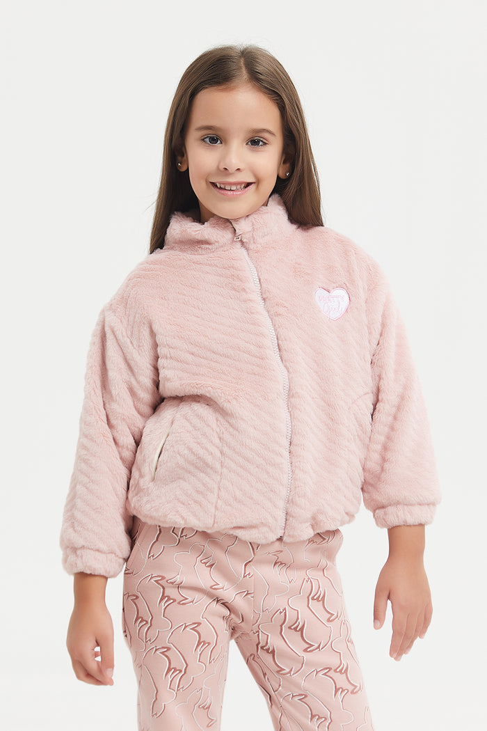 Redtag-Pink-Jacquard-Fur-Sweatshirt-With-Zipper-Category:Sweatshirts,-Colour:Pale-Pink,-Deals:New-In,-EHW,-Filter:Girls-(2-to-8-Yrs),-GIR-Sweatshirts,-H1:KWR,-H2:GIR,-H3:SWS,-H4:SWS,-KWRGIRSWSSWS,-New-In-GIR,-Non-Sale,-ProductType:Hooded-Sweatshirts,-Season:W23B,-Section:Girls-(0-to-14Yrs),-W23B-Girls-2 to 8 Years