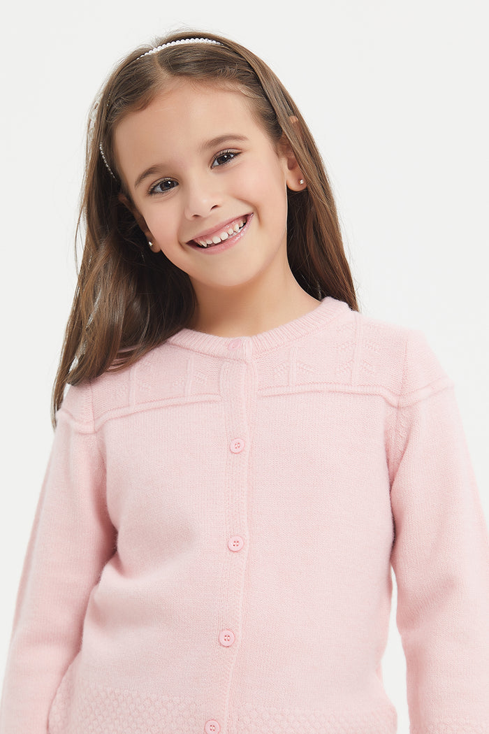 Redtag-Pink-Acrylic-Cardigan-Category:Cardigans,-Colour:Pale-Pink,-Deals:New-In,-Filter:Girls-(2-to-8-Yrs),-GIR-Cardigans,-H1:KWR,-H2:GIR,-H3:KNW,-H4:CGN,-KWRGIRKNWCGN,-New-In-GIR,-Non-Sale,-ProductType:Cardigans,-Season:W23B,-Section:Girls-(0-to-14Yrs),-W23B-Girls-2 to 8 Years