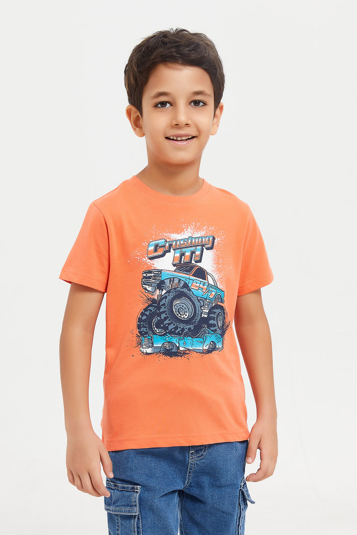 Redtag-Orange-Monster-Truck-Chest-Print-Short-Sleeve-T-Shirt-BOY-T-Shirts,-Category:T-Shirts,-Colour:Orange,-Deals:New-In,-Filter:Boys-(2-to-8-Yrs),-H1:KWR,-H2:BOY,-H3:TSH,-H4:TSH,-KWRBOYTSHTSH,-New-In-BOY,-Non-Sale,-ProductType:Printed-T-Shirt,-Season:W23A,-Section:Boys-(0-to-14Yrs),-TBL,-W23A-Boys-2 to 8 Years