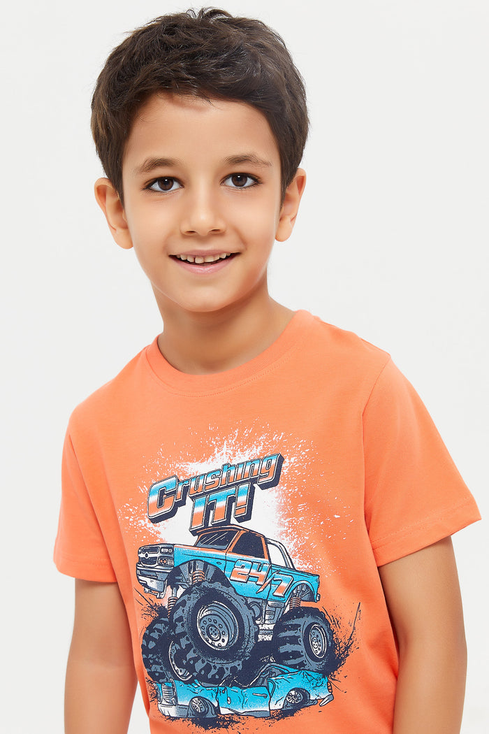 Redtag-Orange-Monster-Truck-Chest-Print-Short-Sleeve-T-Shirt-BOY-T-Shirts,-Category:T-Shirts,-Colour:Orange,-Deals:New-In,-Filter:Boys-(2-to-8-Yrs),-H1:KWR,-H2:BOY,-H3:TSH,-H4:TSH,-KWRBOYTSHTSH,-New-In-BOY,-Non-Sale,-ProductType:Printed-T-Shirt,-Season:W23A,-Section:Boys-(0-to-14Yrs),-TBL,-W23A-Boys-2 to 8 Years