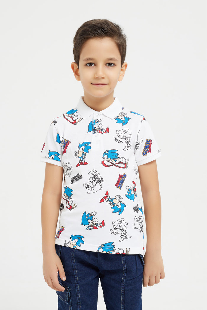 Redtag-White-Sonic-All-Over-Print-Short-Sleeve-Polo-Shirt-BOY-Polo-T-Shirts,-Category:Polo-T-Shirts,-CHR,-Colour:White,-Deals:New-In,-Filter:Boys-(2-to-8-Yrs),-H1:KWR,-H2:BOY,-H3:TSH,-H4:POS,-KWRBOYTSHPOS,-New-In-BOY,-Non-Sale,-ProductType:Polo-Shirts,-Season:W23B,-Section:Boys-(0-to-14Yrs),-W23B-Boys-2 to 8 Years