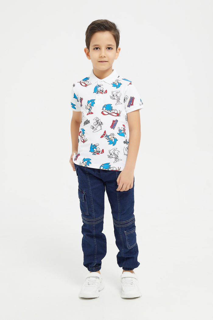 Redtag-White-Sonic-All-Over-Print-Short-Sleeve-Polo-Shirt-BOY-Polo-T-Shirts,-Category:Polo-T-Shirts,-CHR,-Colour:White,-Deals:New-In,-Filter:Boys-(2-to-8-Yrs),-H1:KWR,-H2:BOY,-H3:TSH,-H4:POS,-KWRBOYTSHPOS,-New-In-BOY,-Non-Sale,-ProductType:Polo-Shirts,-Season:W23B,-Section:Boys-(0-to-14Yrs),-W23B-Boys-2 to 8 Years