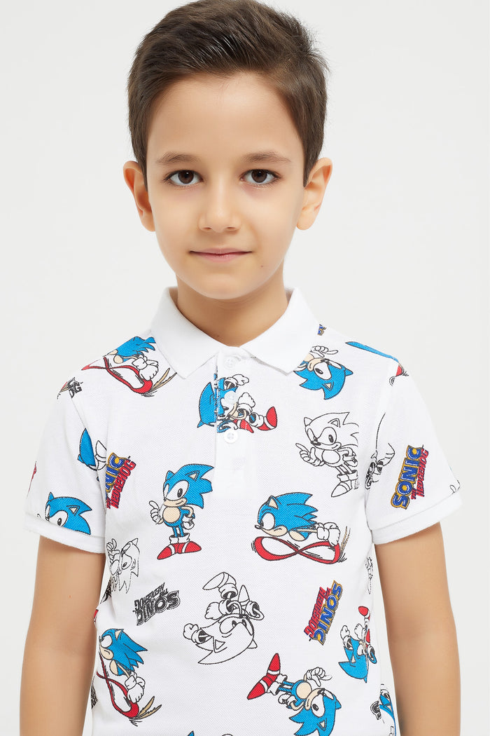 Redtag-White-Sonic-All-Over-Print-Short-Sleeve-Polo-Shirt-BOY-Polo-T-Shirts,-Category:Polo-T-Shirts,-CHR,-Colour:White,-Deals:New-In,-Filter:Boys-(2-to-8-Yrs),-H1:KWR,-H2:BOY,-H3:TSH,-H4:POS,-KWRBOYTSHPOS,-New-In-BOY,-Non-Sale,-ProductType:Polo-Shirts,-Season:W23B,-Section:Boys-(0-to-14Yrs),-W23B-Boys-2 to 8 Years