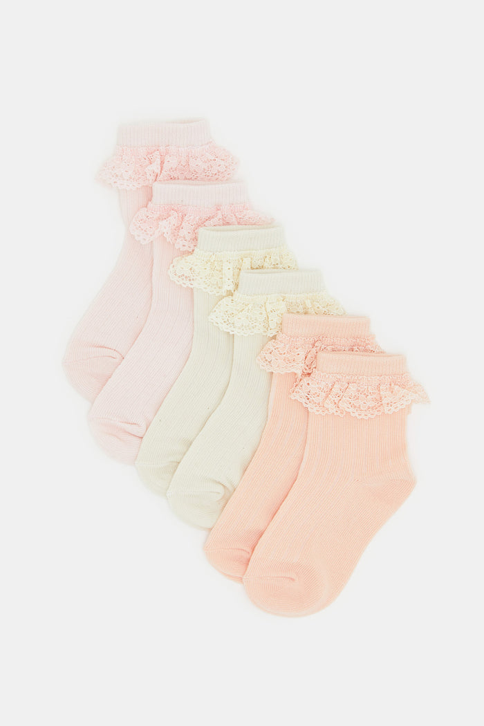 Redtag-Assorted-Colours-Pk-Of-3-Crew-Length-Socks-Mix-Jacquard-With-Lace-365,-Category:Socks,-Colour:Assorted,-Deals:New-In,-Filter:Infant-Girls-(3-to-24-Mths),-H1:KWR,-H2:ING,-H3:HOS,-H4:SKS,-ING-Socks,-KWRINGHOSSKS,-New-In-ING,-Non-Sale,-ProductType:Ankle-Socks,-Season:365365,-Section:Girls-(0-to-14Yrs)-Infant-Girls-3 to 24 Months